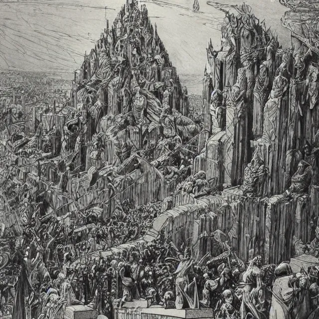 Image similar to artwork by Franklin Booth and Gustav Doré showing the fall of the city of Babylon