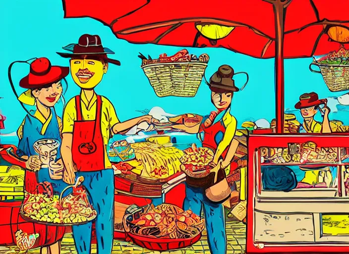 Image similar to a whimsical storybook illustration of crab sellers, tourism, lowbrow pop art style