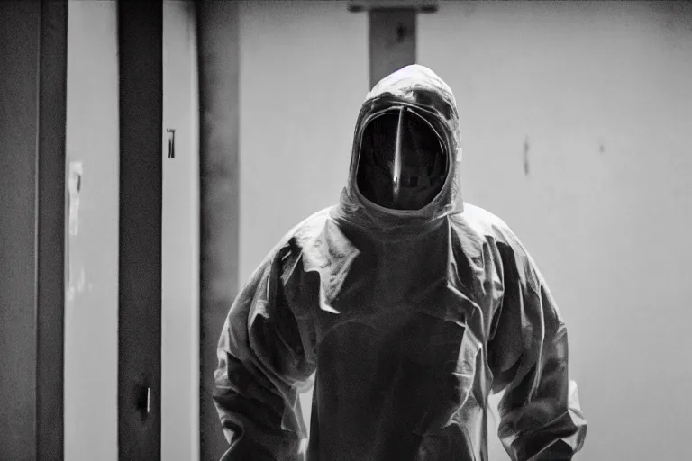 Image similar to a cinematic portrait of a prisoner dressed in a a black and white hazmat suit, in a small prison cell, dust storm, emergency exit, annie leibovitz and zack snyder, 8 k, hd, high resolution, 8 5 mm, f / 1. 8