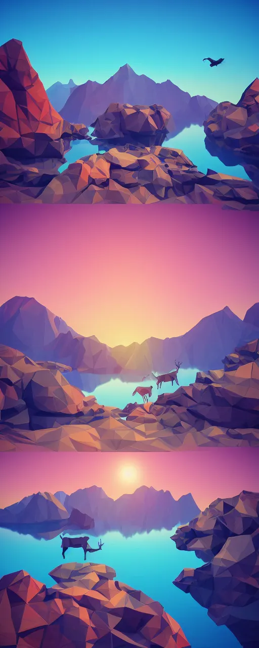 Prompt: super detailed color lowpoly art, northern sunset with rocks on front, lake in the middle of perspective and mountains at background, graphic reindeers in random points, unreal engine, retrowave color palette, 3 d render, lowpoly, colorful, digital art