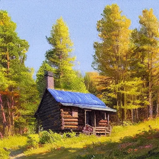 Image similar to a cabin on a small hill surrounded by colorful trees, drawn by colin campbell cooper