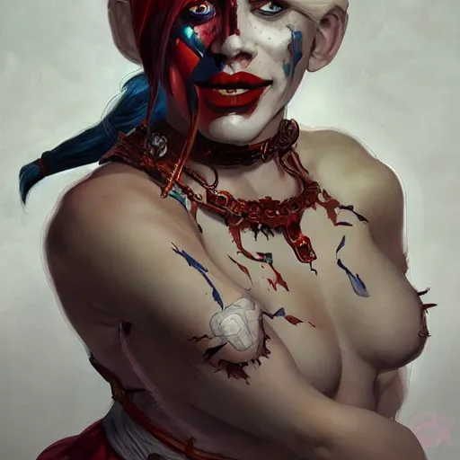 Image similar to portrait of harley quinn as a hulking herculean demon orc bugbear clown queen, forest, godlike, upper body, fantasy, intricate, elegant, highly detailed, digital painting, artstation, concept art, sharp focus, illustration, art by artgerm and greg rutkowski and alphonse mucha