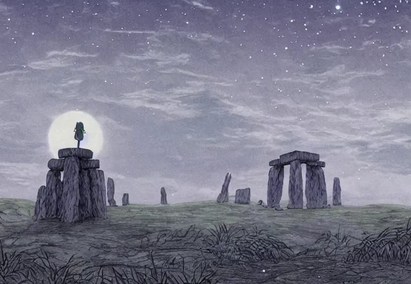 Prompt: a cell - shaded cartoon from princess mononoke ( 1 9 9 7 ) showing a huge giant grey monster. in the background is stonehenge on a misty and starry night. very dull muted colors, hd, 4 k, hq