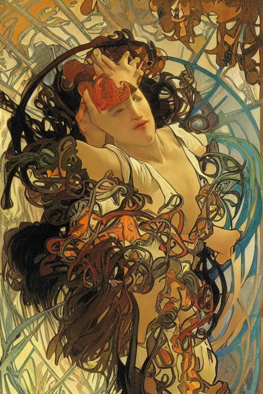 Image similar to gamer raging and spilling his mountain dew and cheetos everywhere, by Alphonse Mucha,