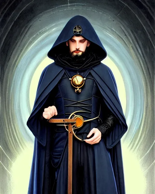 Image similar to handsome male using a mechanical astrolabe device, long black hair blue eyes wearing cloth mantle gothic navy cloak with leather details, cliffside town, fantasy character portrait, ultrarealistic, intricate details, elegant, cinematic lighting, highly detailed, artstation, cgsociety, sharp focus, beautiful digital painting by artgerm, gerald brom, wlop, alphonse mucha