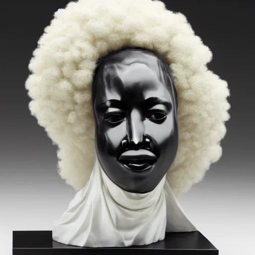 Image similar to a photorealistic all white marble sculpture of a black girl with an afro crying