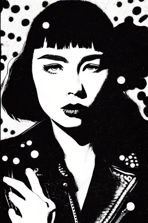 Prompt: dreamy rock girl, black leather jacket, detailed acrylic, grunge, perfect lighting. professional design. great composition, illustration by alex ross, yayoi kusama, peter lindbergh, 8 k