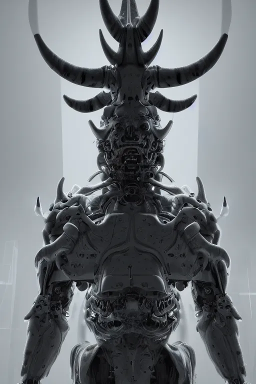 Prompt: Techno-God is an ancient mechanical gray giant horned humanoid, digital art, 8k, hyperrealism, high detail, ray tracing, concept art, octane render