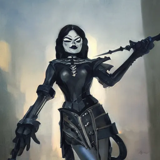 Image similar to greg manchess portrait painting of partially armored wednesday from addams family as overwatch character, medium shot, asymmetrical, profile picture, organic painting, sunny day, matte painting, bold shapes, hard edges, street art, trending on artstation, by huang guangjian and gil elvgren and greg rutkowski