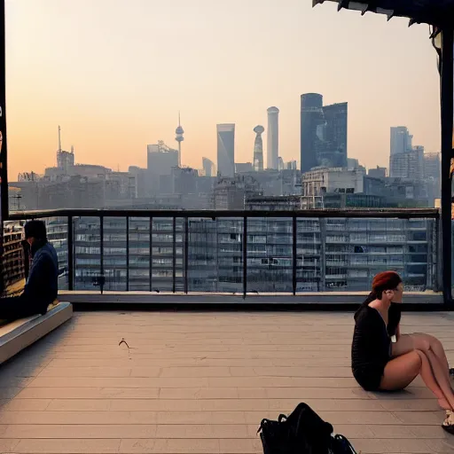 Prompt: a small rooftop with a couple of people sitting and watching the view, wearing black modern clothes, modern shanghai bund is on the background, sunset, by gregory crewdson
