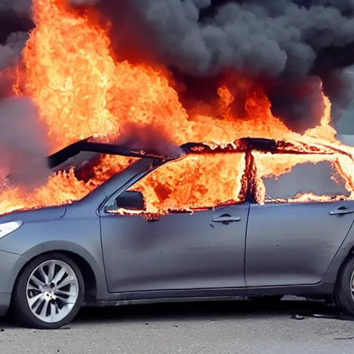 Image similar to drone footage of a car fire, photo realistic, award winning