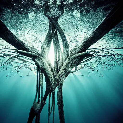 Prompt: roots underwater, award winning cyan and white photography, high contrast, high definition