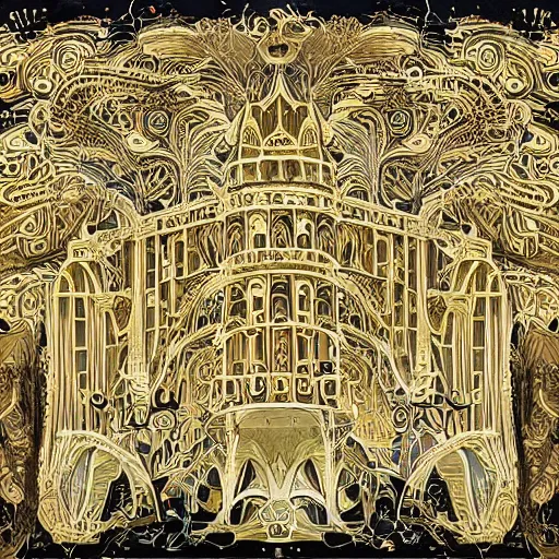 Prompt: a beautiful city made of ivory and gold, highly intricate, digital art, very detailed, in the style of a weird and dark eerie liminal art nouveau flemish painting