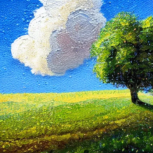 Prompt: oil paint impasto relief of sussex summer hill, raining, foreground oak tree painted with thick heavy expressive paint and cumulus clouds, less thick expressive paint crudely pointillist in parts, some splattered paint