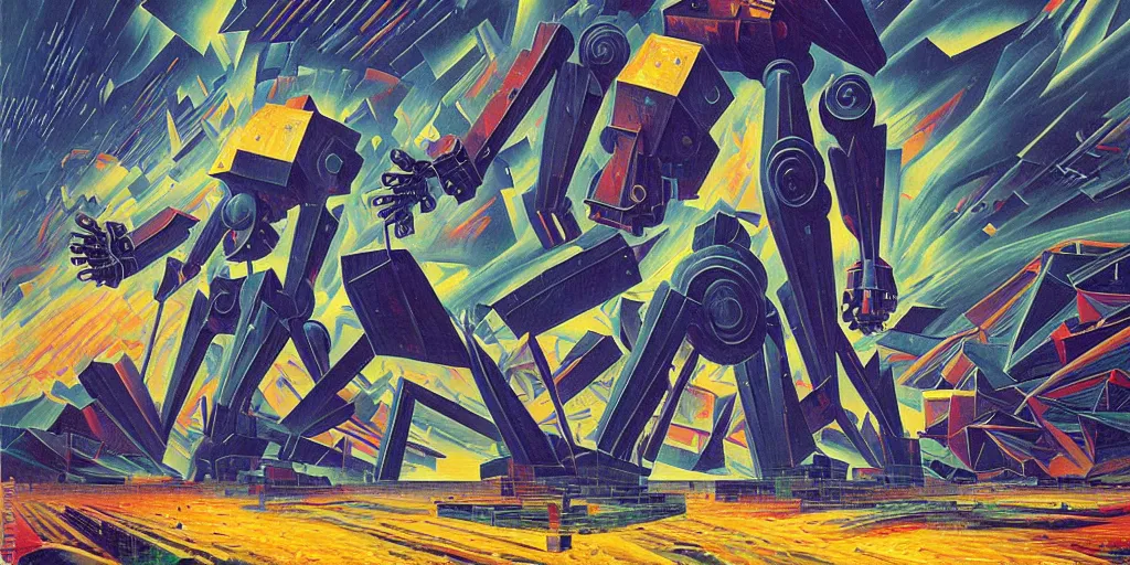 Image similar to Dynamism of a giant robot by Simon Stålenhag and Umberto Boccioni, oil on canvas