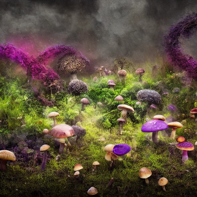 Image similar to a planet of various fungus, mushrooms, flowers and plants, inside the picture is infinity, Atmospheric, artistic photography, conceptual, long exposure outside the city, volumetric light