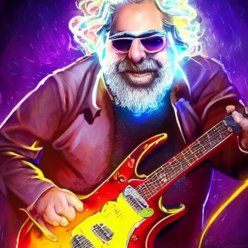 Image similar to a Jerry Garcia guitarist playing so intensely there is electricity shooting out from his guitar, energy beams under his finger tips, and magic sparkles from the freboard, amazing ditial art, trending on artstation, featured on deviantart