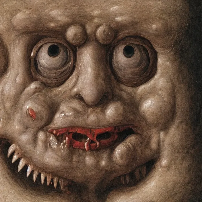 Image similar to close up portrait of a mutant monster creature with cheeks covered in purulent pustules, pimples at different stages, some fresh, some bursting with a whitish fluid ; pleasant, flirty eyes ; teeth lining up the exterior of the mandible, long hair growing out of the nostrils. jan van eyck, audubon