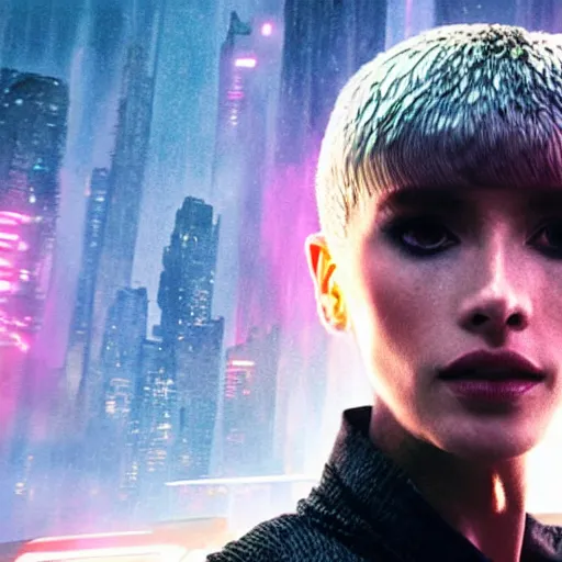 Image similar to joi from blade runner 2 0 4 9 as a giant translucent hologram, leaning forward to look at a regular sized person on a bridge, neo noire