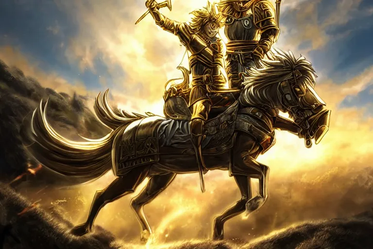 Image similar to an ultra detailed portrait of king richard the lionhearted as a shonen anime protagonist charging into battle wearing bright gold armor and riding a horse bless by god, 8 k, volumetric lighting, smooth, highly detailed, digital illustration, art by kentaro miura and akira toriyama and artgerm