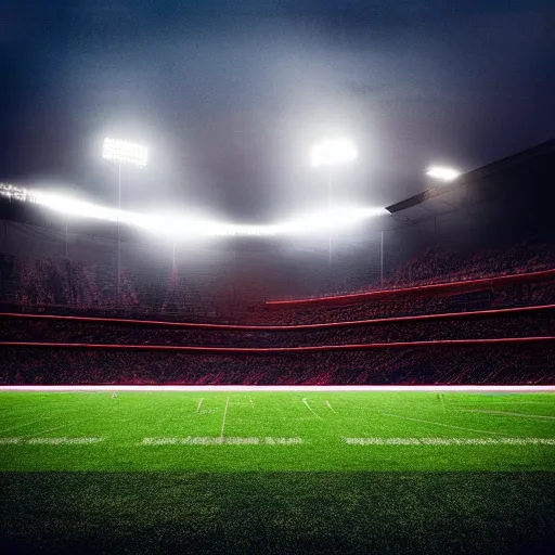 Prompt: american football on a football field with stadium light, epic, hyper realistic award winning sports photography, centered symmetrical composition with border, volumetric lighting