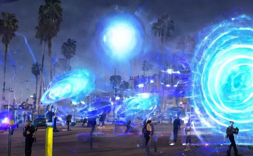 Image similar to people with posters attacking cops in front a huge blue spiral - shaped bright white luminous attractor that is floating and stores in los angeles with light screens all over the street, concept art, art for the game, professional lighting, night lighting from streetlights