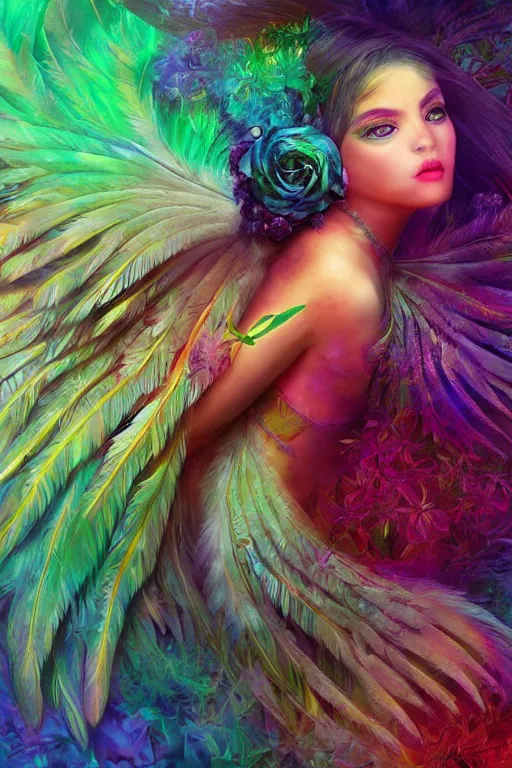 Prompt: wonderdream faeries lady feather wing digital art painting fantasy bloom vibrant snyder zack and swanland raymond and pennington bruce illustration character design concept harmony joy atmospheric lighting butterfly median photoshop face filter