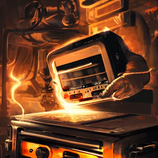 Image similar to cyborg toaster oven repairman, dark messy smoke - filled cluttered workshop, dark, dramatic lighting, orange tint, sparks, plasma rays, cinematic, highly detailed, sci - fi, futuristic, movie still