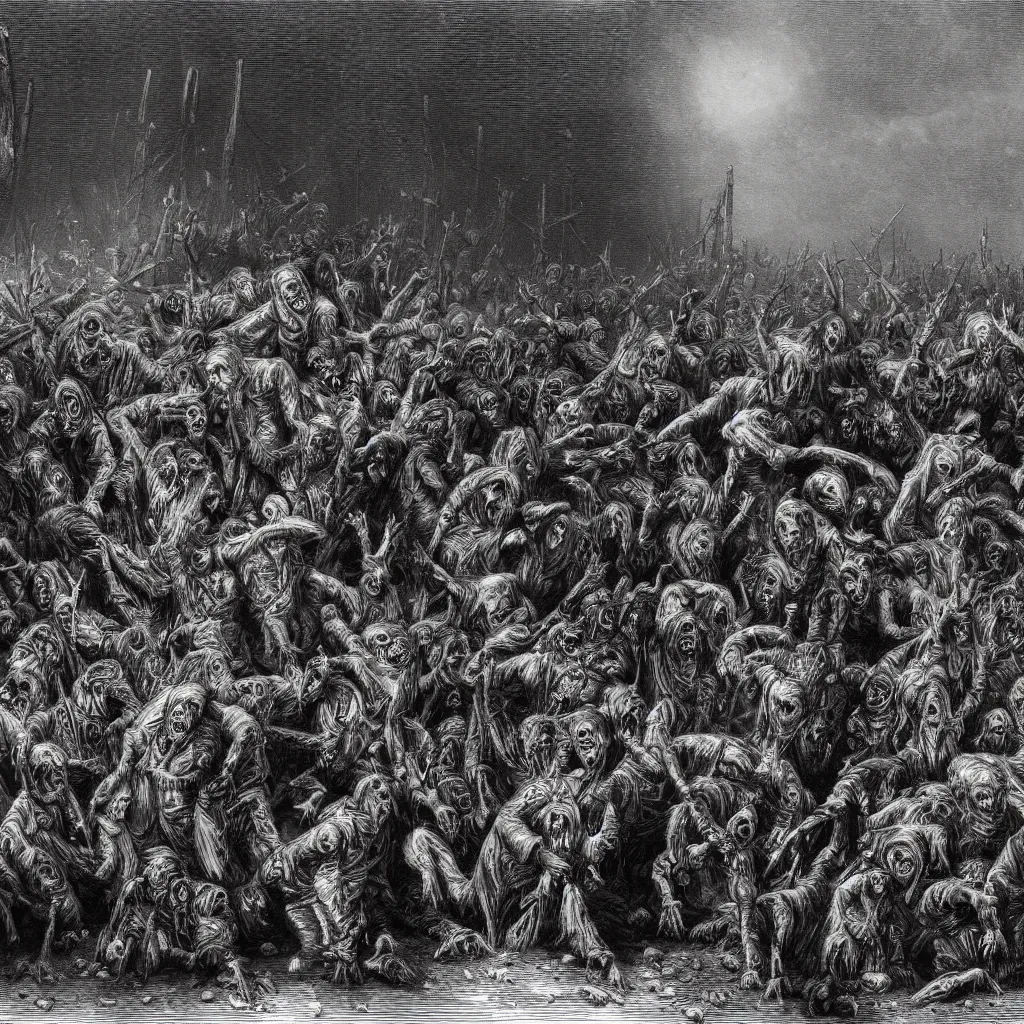 Image similar to zombies, nine steel barrels in a graveyard, creepy atmosphere, dark, realistic, illustration by gustave dore