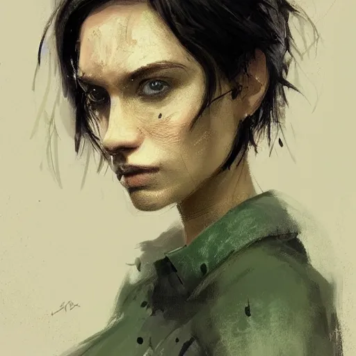 Image similar to Portrait of a woman by Greg Rutkowski, she is about 30 years old, pretty, messy black bob hair, pale round face, tired green eyes and she is wearing a black utilitarian jumper jumpsuit, highly detailed portrait, digital painting, artstation, concept art, smooth, sharp foccus ilustration, Artstation HQ.