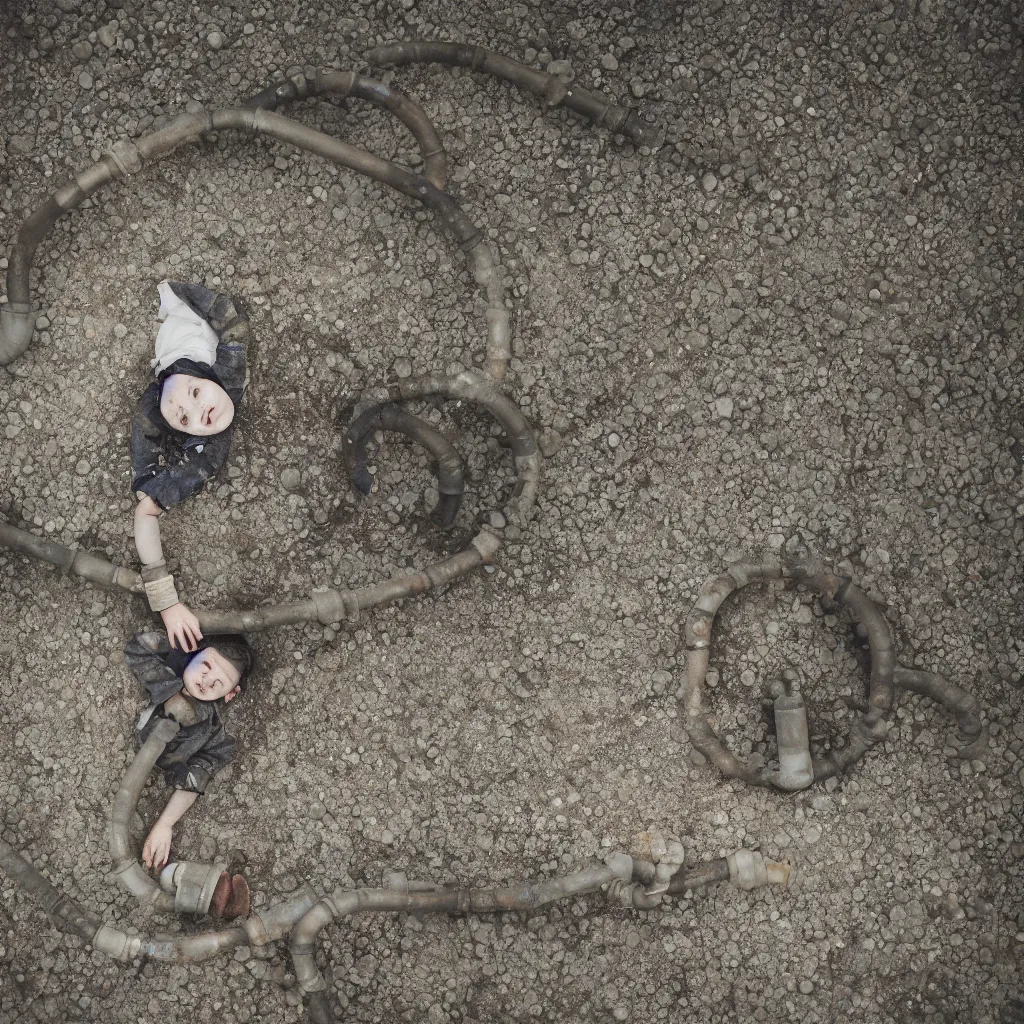 Prompt: a child buried in oil and crossed by delicate porcelain rusty pipes in a glowing iridiscent lake leica, 2 4 mm