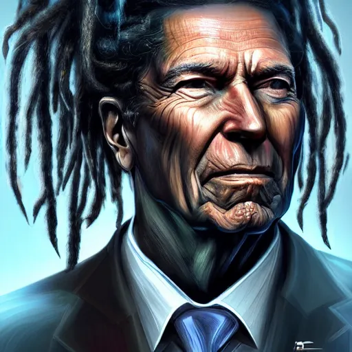 Image similar to portrait of ronald reagan with dreadlocks, cyberpunk setting, futuristic, highly detailed, intricate lighting, digital painting, sharp focus, illustration, trending on artstation, art by magali villenueve.