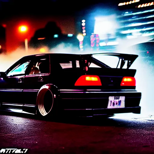 Image similar to a car JZX90 twin turbo drift at illegal car meet, Shibuya prefecture, city midnight mist lights, cinematic lighting, photorealistic, highly detailed wheels, high detail