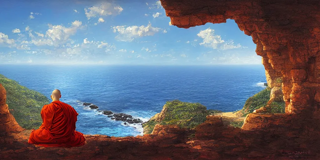 Prompt: a monk sits on the cliff ledge in the lotus position looking out onto a vast ocean, by Marc Simonetti