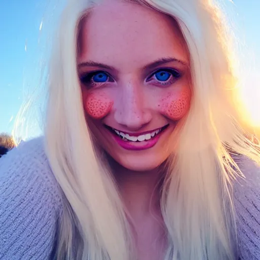 Prompt: beautiful selfie of a cute thin young woman smiling smugly, long light platinum blonde hair, flushed face, small heart - shaped face, cute freckles, light blue eyes, golden hour, 8 k, instagram