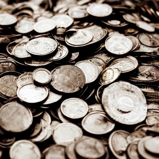 Image similar to a picture of a pile of coins in a bucket in the heavy rain, god rays, 50mm