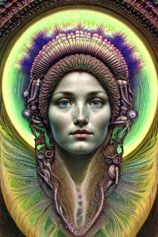 Image similar to hyperrealistic detailed face portrait of the beautiful goddess of the northern lights with an intricate headgear of a beautiful landscape, art by ernst haeckel, john william godward, android jones, alphonso mucha, h. r. giger, gothic - cyberpunk, ornamental, dimmed pastel colours,