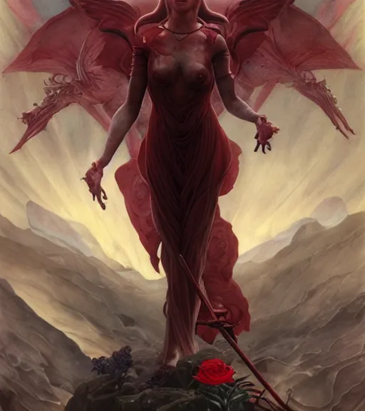 Image similar to blood rose devil nightmare of the maiden in the fortress of lies, by annie swynnerton and tino rodriguez and charlie bowater and tom bagshaw and nicholas roerich and jean delville and evelyn de morgan and lucien freud, dramatic lighting, floral tattoos, rich colors, smooth sharp focus, anime key visual, extremely detailed, adolf wolfli