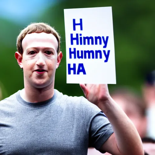 Image similar to Mark Zuckerberg holding a sign saying I'm A Human, highly detailed, high quality, HD, 4k, 8k, Canon 300mm, professional photographer, 40mp, lifelike, top-rated, award winning, realistic, sharp, no blur, edited, corrected, trending