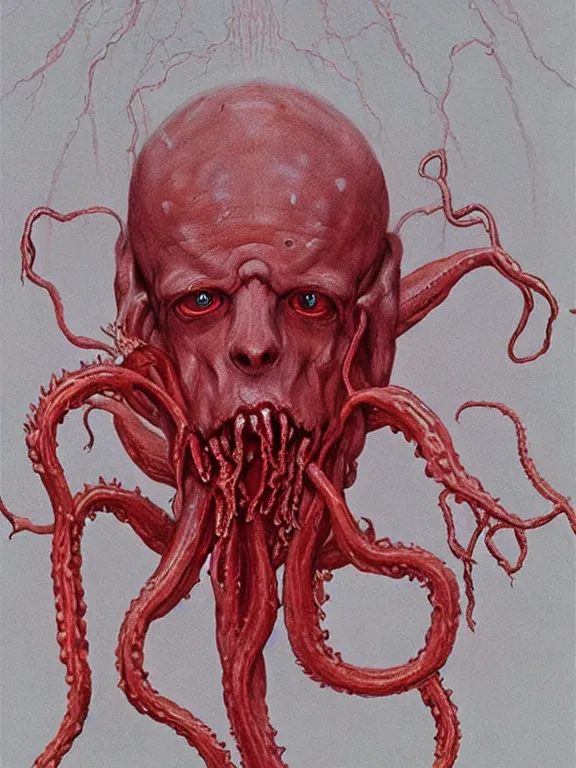 Image similar to painting by wayne barlowe of a flying sorrowful looking severed human head with tears running down it's eyes, face that is chalk white in color, with long sprawling white tentacles stemming down it's neck, fiery scorching red eyes, flying in a terrying hellish dark cavernous place