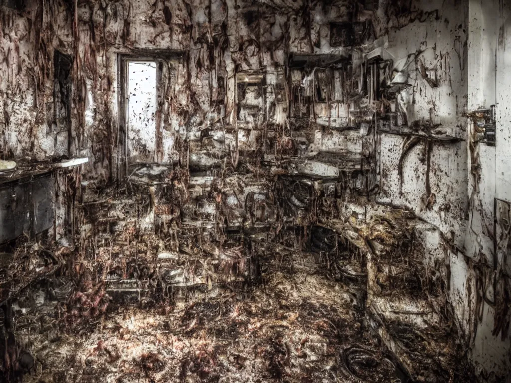 Image similar to a house made of disgusting dirty filth grime meat at night realistic hyperdetailed photography