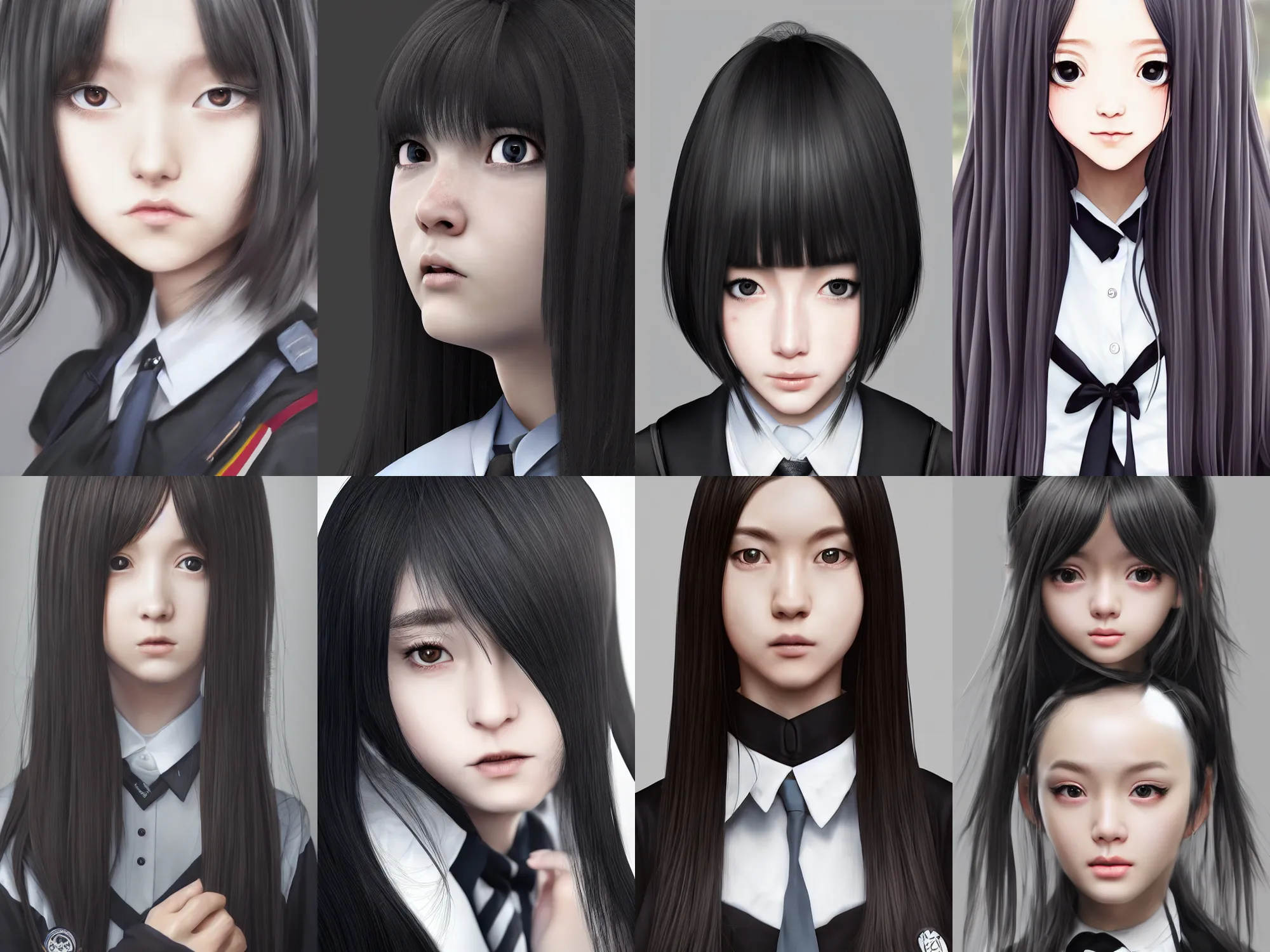 Prompt: A hyperrealistic schoolgirl, in black uniform, silky hair, very detailed stunning deep eyes. By SHIHYUN, trending on artstation. Realistic materials, large highlights, amazing textured brush strokes, accurate shape, clear curvy details, cinematic soft volumetric studio lighting, with backlight, VFX, HDR