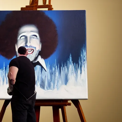 Image similar to a closeup photorealistic photograph of bob ross working on a canvas painting of marilyn manson. happy trees, mountain scape. film still. brightly lit scene. this 4 k hd image is trending on artstation, featured on behance, well - rendered, extra crisp, features intricate detail, epic composition and the style of unreal engine.