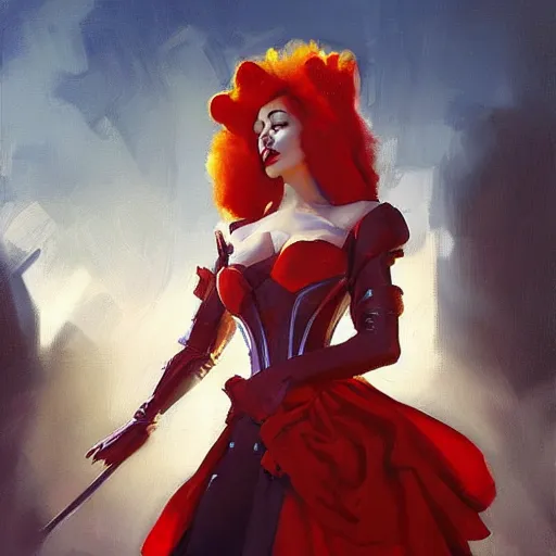 Image similar to greg manchess portrait painting of partially armored red queen from alice in wonderland as overwatch character, medium shot, asymmetrical, profile picture, organic painting, sunny day, matte painting, bold shapes, hard edges, street art, trending on artstation, by huang guangjian, gil elvgren, ruan jia, randy vargas, greg rutkowski