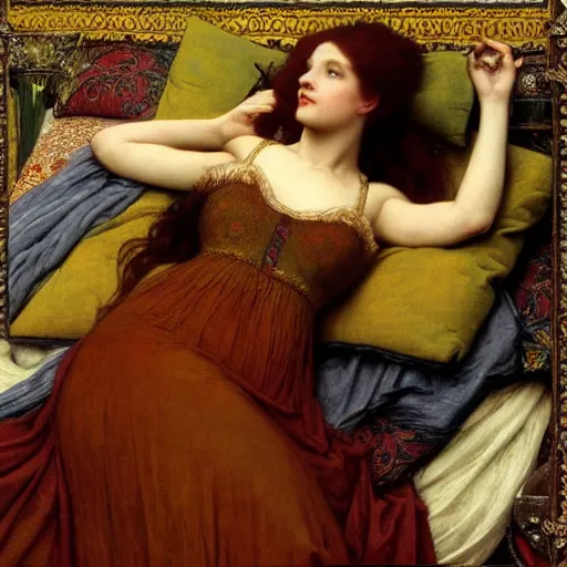 Prompt: preraphaelite photography reclining on bed, a hybrid of judy garland and eleanor of aquitaine, aged 2 5, big brown fringe, yellow ochre ornate medieval dress, john william waterhouse, kilian eng, rosetti, john everett millais, william holman hunt, william morris, 4 k