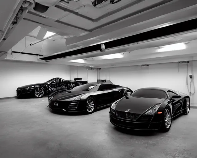 Image similar to luxury car garage, black gold aesthetic, fh 5