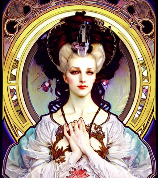 Prompt: realistic detailed face portrait of beaitiful young otherworldly alien queen marie antoinette by alphonse mucha, ayami kojima, amano, greg hildebrandt, and mark brooks, art nouveau, female, feminine, rococo cyberpunk, neo - gothic, gothic, character concept design