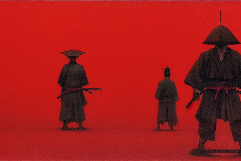 Image similar to only with red, a red samurai harakiri, tokio, a lot of frogs watch, in the style of beksinski, parts by edward hopper, parts by rodcenko, parts by yue minjun, intricate and epic composition, red by caravaggio, insanely quality, highly detailed, masterpiece, red light, artstation, 4 k