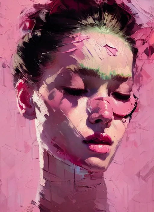 Prompt: portrait of a beautiful girl, eyes closed, open mouth, strong emotions, shades of pink, beautiful face, rule of thirds, intricate outfit, spotlight, by greg rutkowski, by jeremy mann, by francoise nielly, by van gogh, digital painting