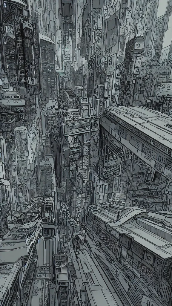 Image similar to detailed cyberpunk graphic novel style 3 point perspective view of a future city